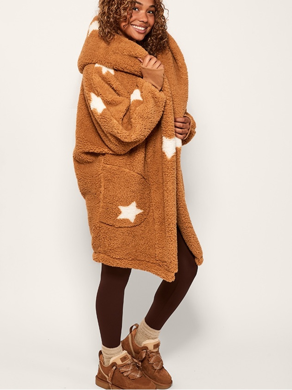 Jill Martin Camel Star Print Teddy Lounger Jacket Oversized Hooded Cozy XS/S